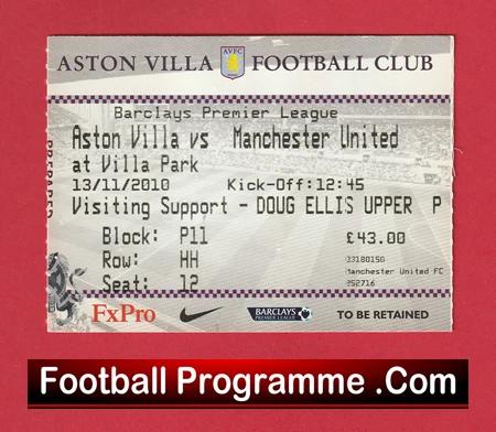 Aston Villa v Manchester United 2010 - Football Ticket - Image 2