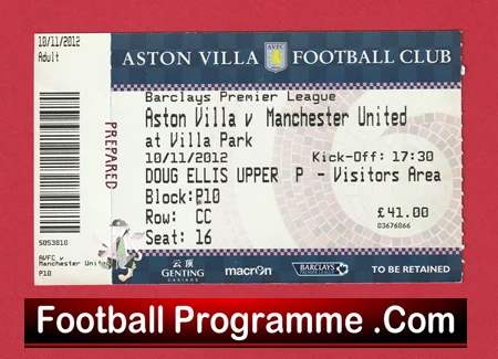 Aston Villa v Manchester United 2012 - Match Ticket - Image 2