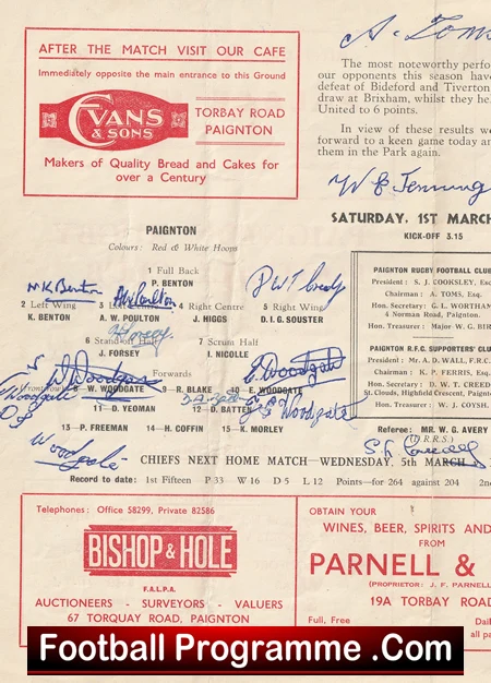 Paignton Rugby v Bristol Aero Club 1952 - Signed Rugby Programme - Image 3