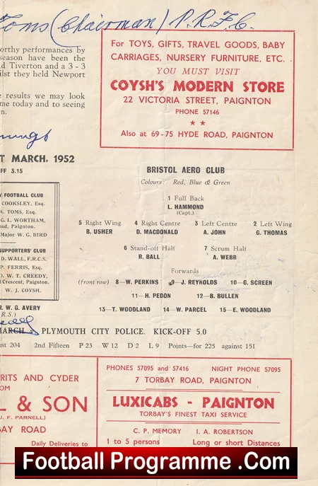 Paignton Rugby v Bristol Aero Club 1952 - Signed Rugby Programme - Image 4
