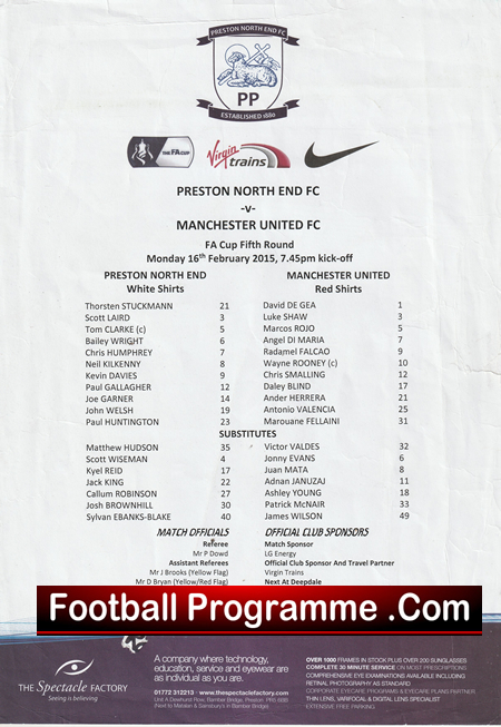 Preston North End v Manchester United 2015 - FA Cup Team Sheet - Image 2