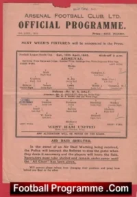 Arsenal v West Ham United 1943 – War Time Programme