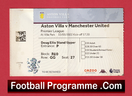 Aston Villa v Manchester United 2022 - Match Ticket - Image 2