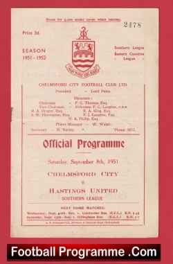 Chelmsford City v Hastings United 1951 - 1950s - football programme
