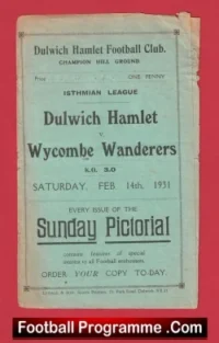 Dulwich Hamlet v Wycombe Wanderers 1931 – 1930s Football Programmes