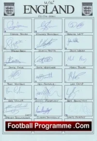England Team Sheet Multi Signed Under 16 team 2001