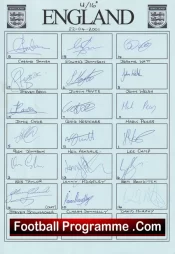 England Team Sheet Multi Signed Under 16 team 2001