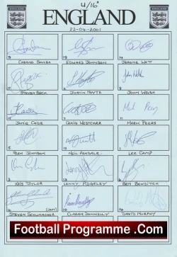 England Team Sheet Multi Signed Under 16 team 2001 - football memorabilia
