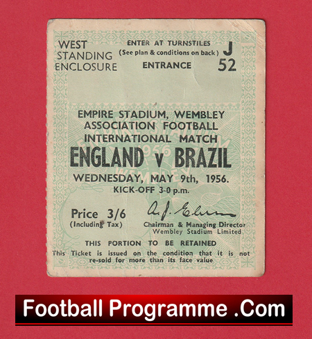 England v Brazil 1956 - Match Ticket - Image 2