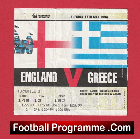 England v Greece 1994 - Football Ticket - Image 2