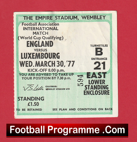 England v Luxembourg 1977 - Match Ticket - Image 2