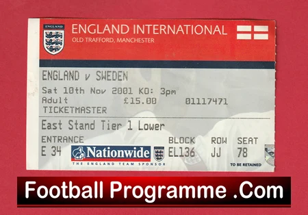 England v Sweden 2001 - Football Ticket - Image 2