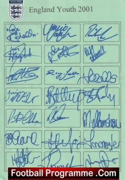 England Youth Team Sheet Multi Signed Autographed 2001 - football memorabilia