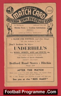 Hitchin Town v London Caledonians 1934 - 1930's Programmes - football programme