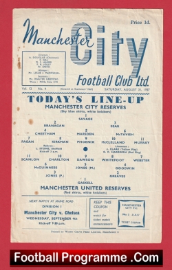 Manchester City v Manchester United 1957 Reserves Bobby Charlton - football programme