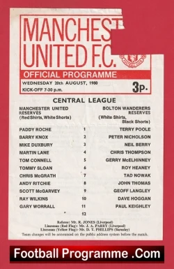 Manchester United v Bolton Wanderers 1980 - Man Utd Reserves Ray Wilkins - football programme
