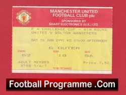 Manchester United v Bolton Wanderers 1991 - Football Ticket - football memorabilia