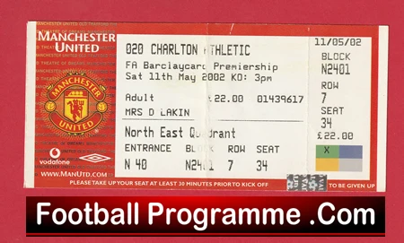 Manchester United v Charlton Athletic 2002 - Football Ticket - Image 2