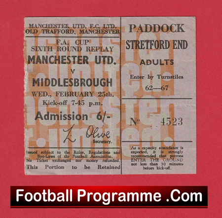 Manchester United v Middlesbrough 1970 - FA Cup QF Replay Ticket - Image 2