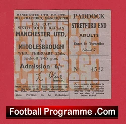 Manchester United v Middlesbrough 1970 - FA Cup QF Replay Ticket - football memorabilia