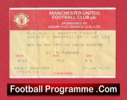 Manchester United v Montpellier 1991 - Match Ticket - football memorabilia