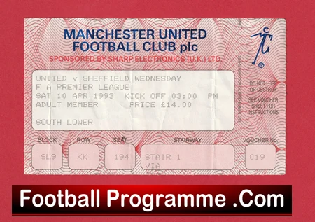 Manchester United v Sheffield Wednesday 1993 - Football Ticket - Image 2