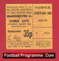 Manchester United v Stoke City 1972 – FA Cup Quarter Final Ticket