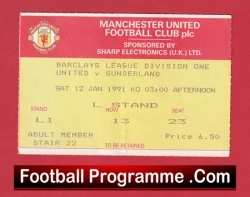 Manchester United v Sunderland 1991 - Football Ticket - football memorabilia