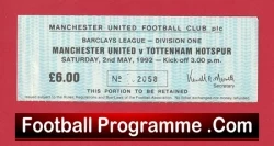Manchester United v Tottenham 1992 - Football Ticket - football memorabilia