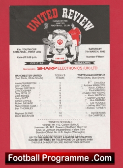 Manchester United v Tottenham 1992 - Youth Cup Semi Final + Ryan Giggs + Beckham - football programme