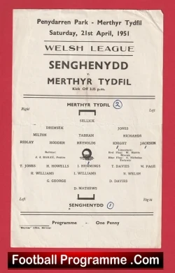 Merthyr Tydfil v Senghenydd 1951 - Wales - football programme