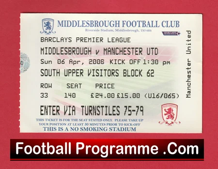 Middlesbrough v Manchester United 2008 - Match Ticket - Image 2