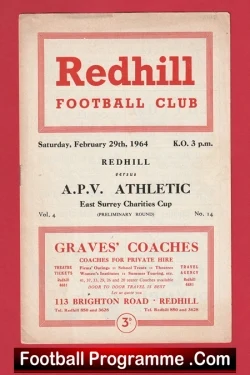Redhill v APV Athletic 1964 - East Surrey Charities Cup - football programme