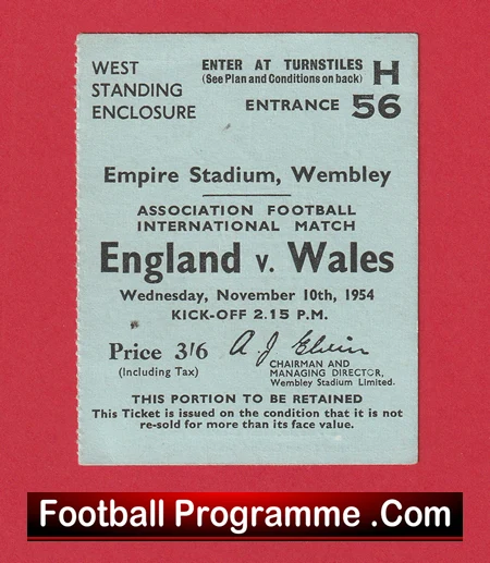 England v Wales 1954 - Football Ticket 1950s - football memorabilia