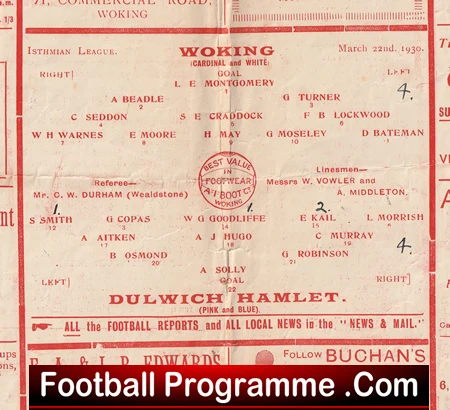 Woking v Dulwich Hamlet 1930 - 1930s Football Programmes - Image 3