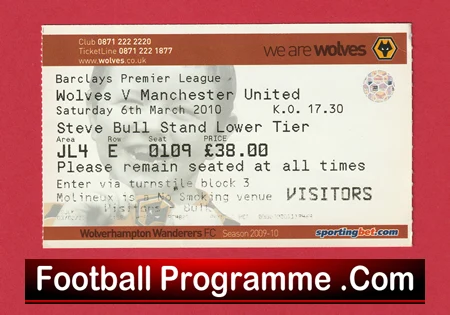Wolves v Manchester United 2010 - Football Ticket - Image 2