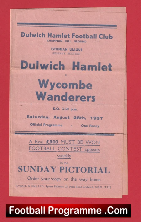 Dulwich Hamlet v Wycombe Wanderes 1937 - 1930s Old Programme - Image 2