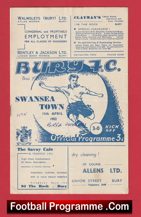 Bury v Swansea Town 1952 - 1950s Programmes - Image 2