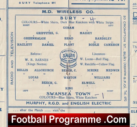 Bury v Swansea Town 1952 - 1950s Programmes - Image 3