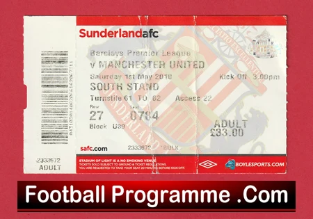 Sunderland v Manchester United 2010 - Football Ticket - Image 2