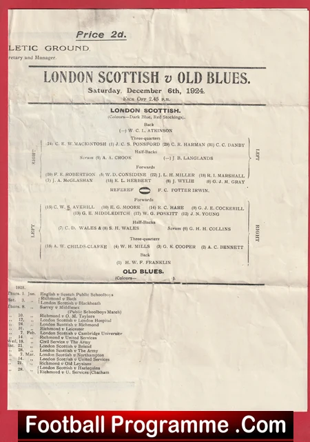 London Scottish Rugby v Old Blues 1924 - Antique Rugby Programmes - Image 2