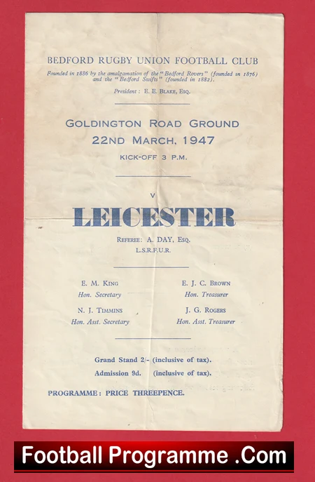 Bedford Rugby v Leicester 1947 - 1940s Rugby Programme - Image 2