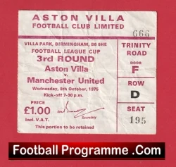 Aston Villa v Manchester United 1975 - Match Ticket 1970s - football memorabilia