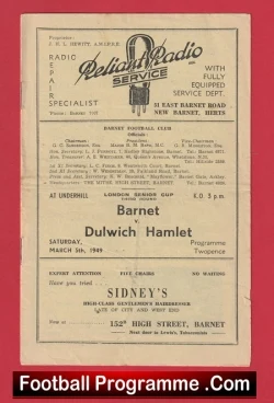 Barnet v Dulwich Hamlet 1949 - London Senior Cup - football programme