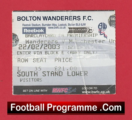 Bolton Wanderers v Manchester United 2003 - Football Ticket - Image 2