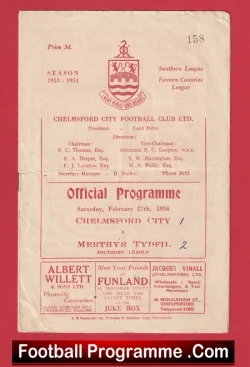 Chelmsford City v Merthyr Tydfil 1954 - 1950s - football programme
