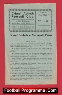 Crittall Athletic v Yarmouth 1954 - 1950's Programme - football programme