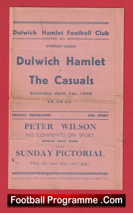 Dulwich Hamlet v Casuals 1939 - 1930s Old Football Programme - Image 2