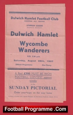 Dulwich Hamlet v Wycombe Wanderes 1937 - 1930s Old Programme - football programme