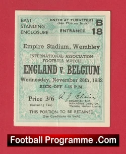 England v Belgium 1952 - Football Ticket 1950s - football memorabilia